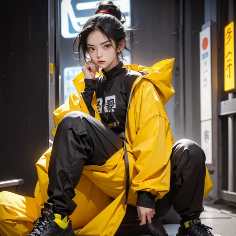 (Highest quality:1.2)。One Woman。Angry expression。(Wearing a yellow jacket cyberpunk coustem)。(stand)。The background is a black。(black shoes) , (full face) 