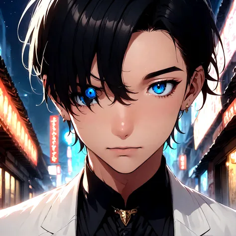 Anime boy with short black hair and blue eyes Mystical version