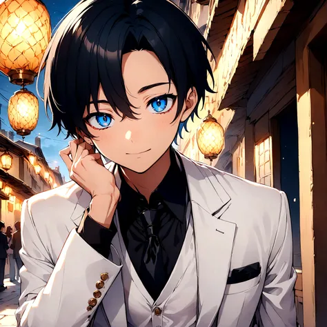 Anime boy with short black hair and blue eyes Mystical version