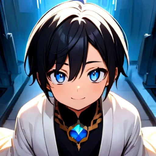 Anime boy with short black hair and blue eyes Mystical version