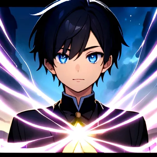 Anime boy with short black hair and blue eyes Mystical version