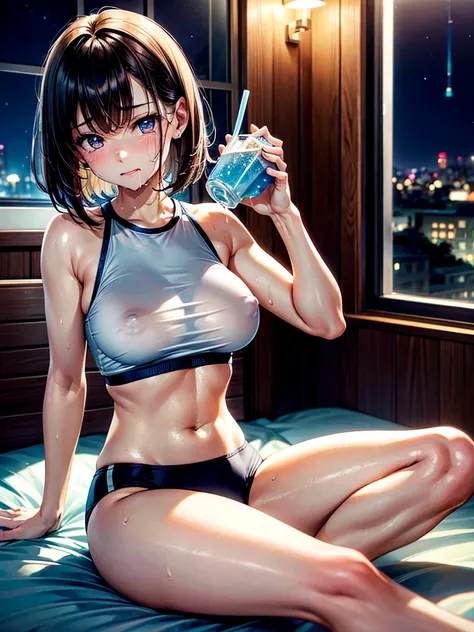 Highest quality,Highest Resolution,A beautiful girl with a crying face wearing high-cut gym clothes,Bedroom,Brown hair short bob,Tears,Transparent nipples,sweat profusely,drooling a lot of saliva,(((Drink))),Very beautiful eyes,Night view outside the windo...