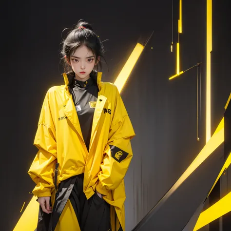 (Highest quality:1.2)。One Woman。Angry expression。(Wearing a yellow jacket cyberpunk coustem)。(stand)。The background is a black。(black shoes) , (full face) , (upper body) 