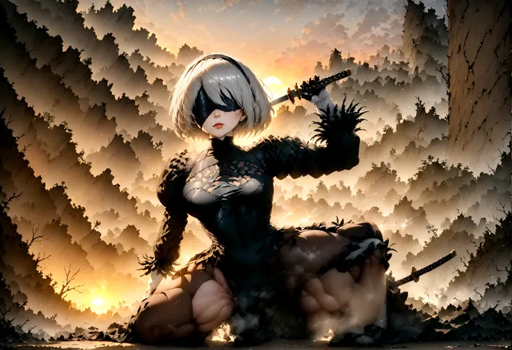 2b,(work of art), ultra detaild, fully body, soft hair, black gown, Action, battle pose, standing with legs open, katana, wall-paper, destroyed forest background, SUNSET, smoke in the sky, sparks, serious facial expression, adult, opaque color palette, 真实感...