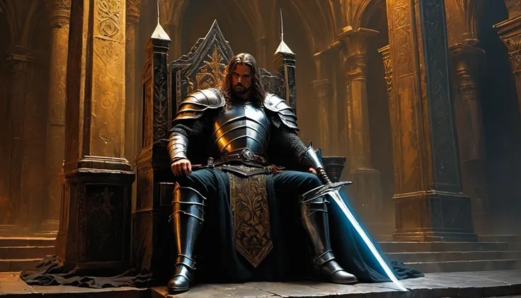 Highly detailed, UHD, 32k, medieval fantasy, gabriele dellotto style, heavy metal magazine cover, oil on canvas. A hero with a mithril sword in a throne room