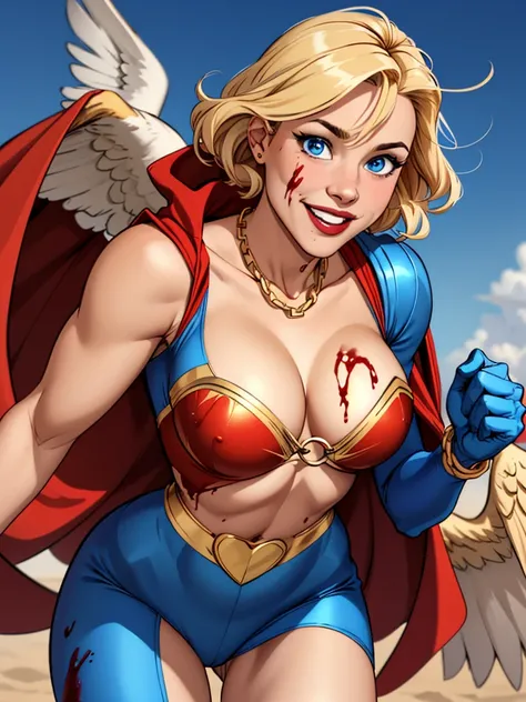 Young female, blonde with short hair, with big, bright blue eyes, wearing a blue costume, defined chest, wearing a golden shoulder pad in the shape of an eagle, with a golden chain running across his chest holding a red cape Smiling with blood splash on fa...