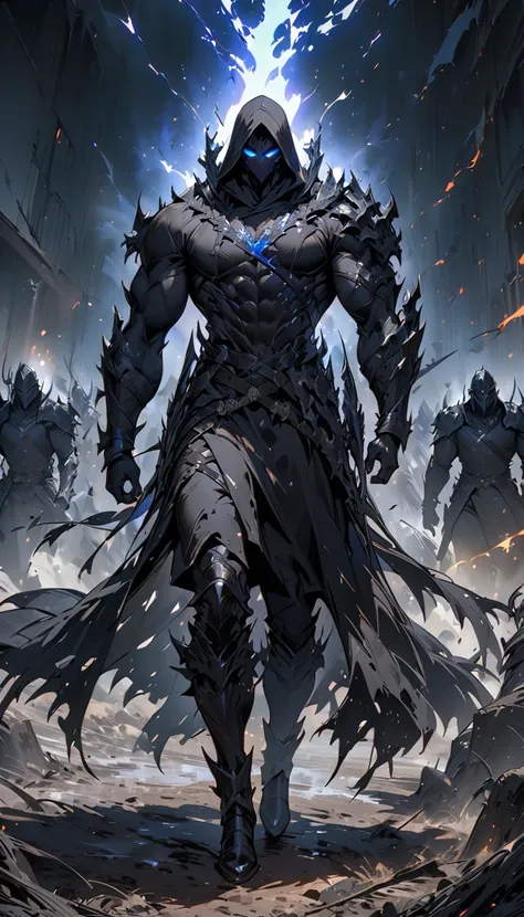 male black shadow ghost knight walking away from a battlefield, shadow, black, knight, ghost knight, full body view, Facing the front, shadow knight, glowing blue eyes,ชุดเกราะknightสีดํา , ผ้าคลุมขนสัตว์black(Masterpiece,best quality,special, (Broad shoul...