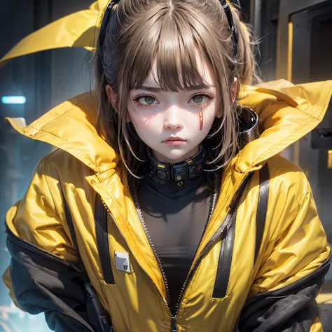 (highest quality:1.2)。one woman。angry expression。(wearing a yellow jacket cyberpunk coustem)。(stand)。the background is a black。(...