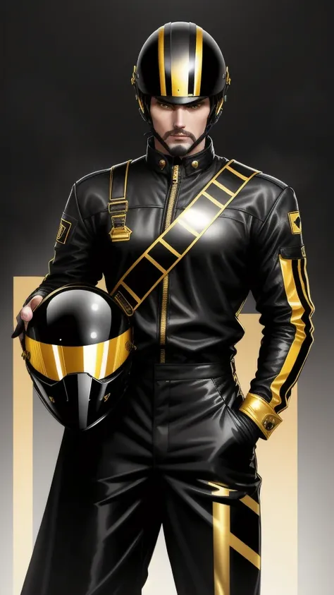 A avatar of a tall man, a misterious racer, stands trusting in a black racing helmet, adorned with gleaming gold accents, paired with sleek black overalls with a gold vertical stripes and vibrant black gloves, striking a victory pose. in a neutral backgrou...