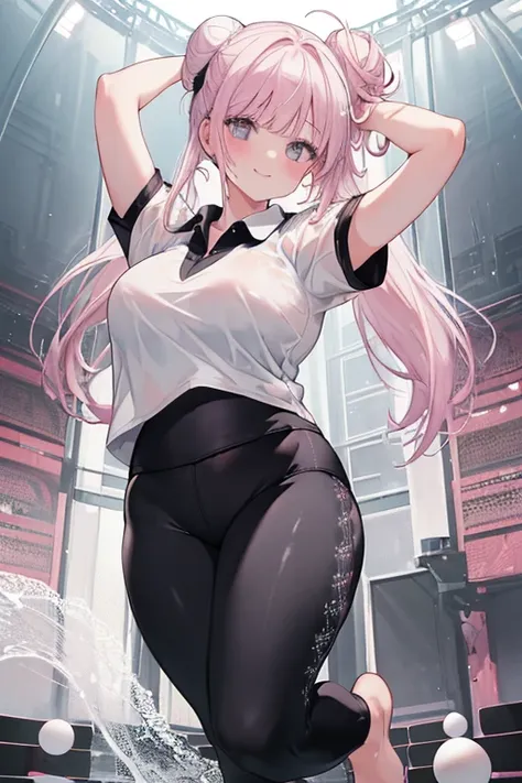 masterpiece、1 female student、(((Missing arm，Bare arms，black short sleeves)))White cloth bun、Shoulder leakage、chubby、Smile、(((Lace、black yoga pants)))pale pink lips、posing at school，（Soaked），legs are open， 独奏, White Polo Shirt, looking at the audience,  (Th...