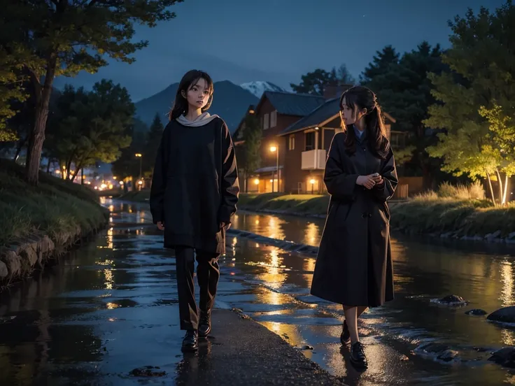 A beautiful girl，night，Walk by the creek，Solitary，