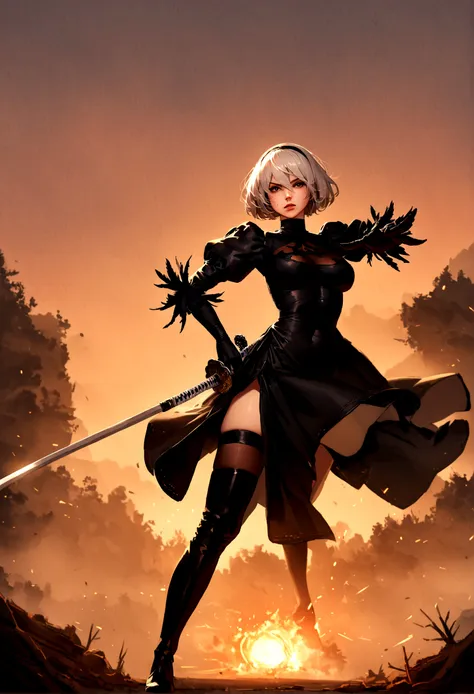 2b,(work of art), ultra detaild, fully body, soft hair, black gown, neckleace, action, battle pose, standing with legs open, kat...