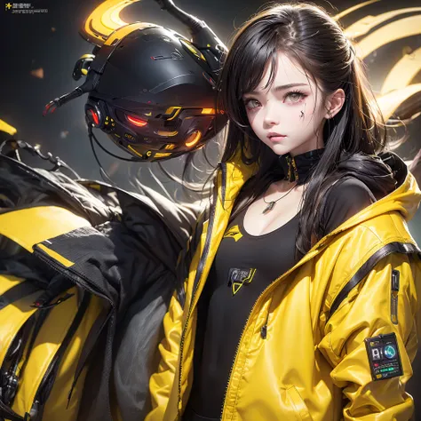 (highest quality:1.2)。one woman。angry expression。(wearing a yellow jacket cyberpunk coustem)。(yellow eyes)。the background is a b...