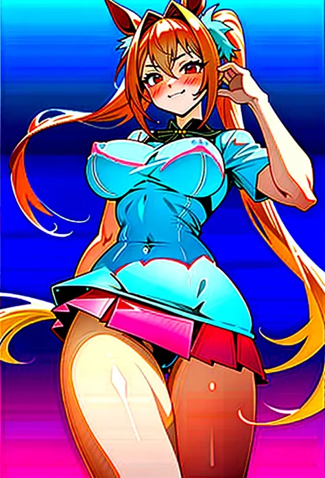 Daiwa Scarlet (umamusume), ((Abdominal muscles)), ((Muscular body)),Reddish brown hair, Hair Intake, Red eyes, length, Sleek twin tails, Big twin tails、very, very, very long horse ears、、、、 Horse tail, (very detailed), Super big breasts、超Super big breasts、v...