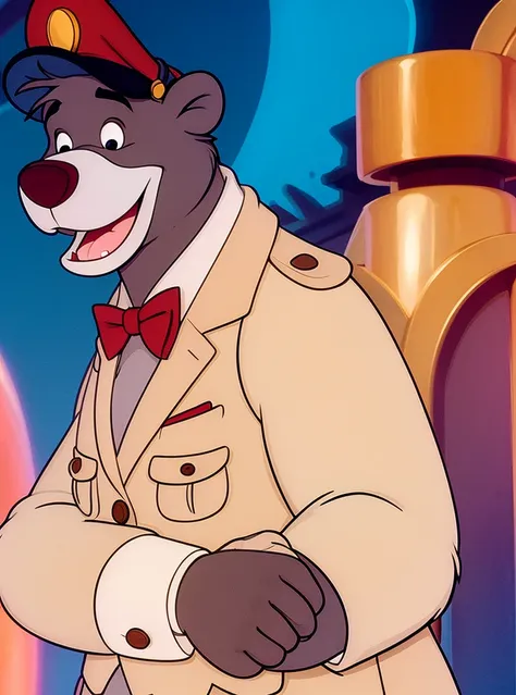 1 boy, bear, black eyes, day, fluffy man, he has, male focus, a parody, red hat,bow tie in white tuxedo, ,smile, one,fantasy, an...