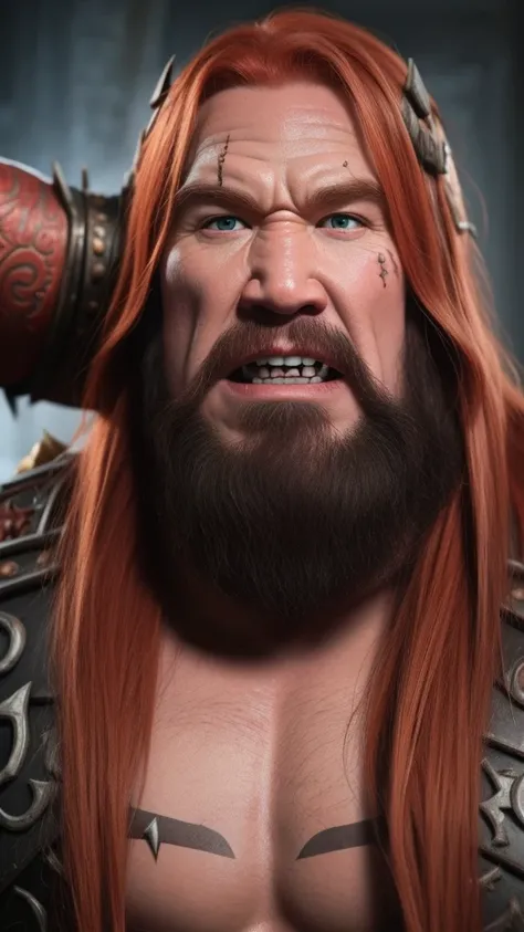 grommash hellscream, with white skin and ginger hair