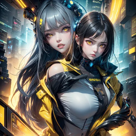 (highest quality:1.2)。one woman。angry expression。(wearing a yellow jacket cyberpunk)。(yellow eyes) ,(large breast)。the backgroun...