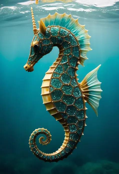 circuit board,carved to resemble the shape of a seahorse, with every detail meticulously crafted to capture the delicate feature...