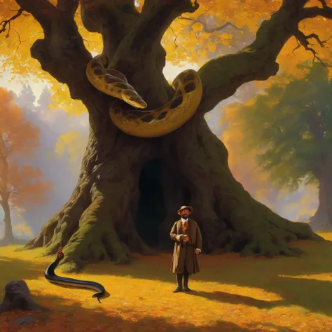 Georgian nationality, Georgian Middle-aged man in traditional outfit, with serious face, looking forward, under giant oak tree, man Bound by snake, man holding snake head, Autumn, leaf on ground, art by Albert Bierstadt