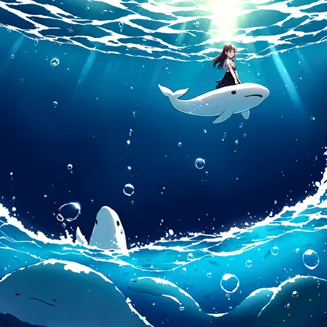 illustration：Girl in white swimming with whales at the bottom of the sea，The whale jumped out, The bubbles around the surface of the water slowly rise，Sunlight slanting, prime time,