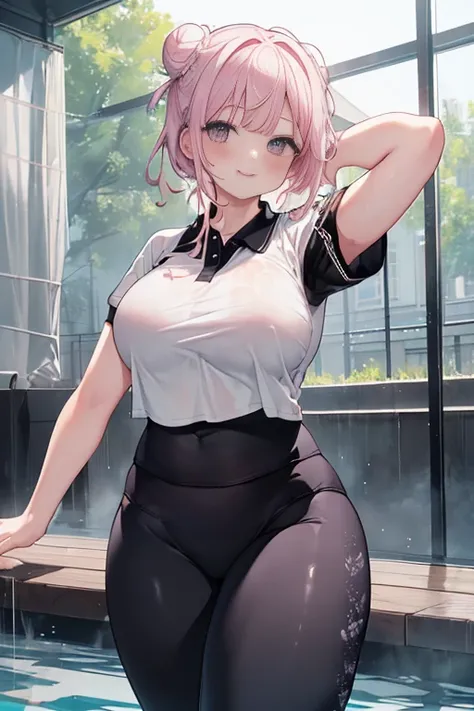 masterpiece、1 female student、(((Missing arm，Bare arms，black short sleeves)))White cloth bun、Shoulder leakage、chubby、Smile、(((Lace、black yoga pants)))pale pink lips、posing at school，（Soaked），legs are open， 独奏, White Polo Shirt, looking at the audience,  (Th...