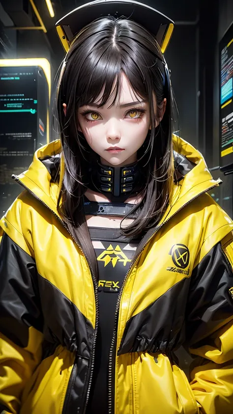 (highest quality:1.2)。one woman。angry expression。(wearing a yellow jacket cyberpunk)。(yellow eyes) ,。the background is a black。(...