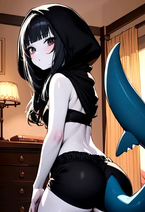 Black Shoulder Length Hair with Bangs, black hood and black shorts, small breasts and small ass, black eyes, pale skin, a big shark tail, at home in the bedroom