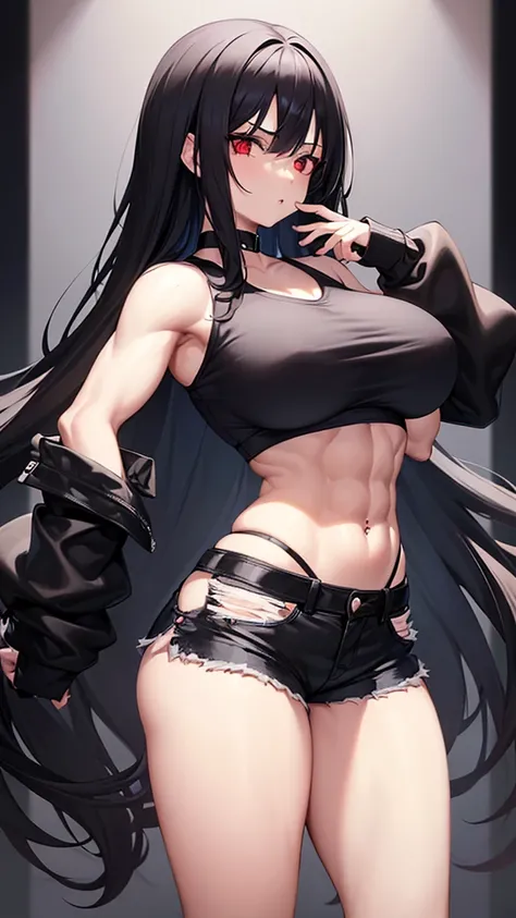 1 girl, muscular, black hair, red eyes, pale skin, solo, shoulder length hair, curvy, wide hips, thick thighs, very huge breasts, (black choker, black crop top and black jean booty shorts), sultry, navel piercing, midriff six pack abs
