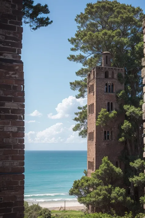 Black brick tower, a little destroyed, with a small view of the sea, with some trees