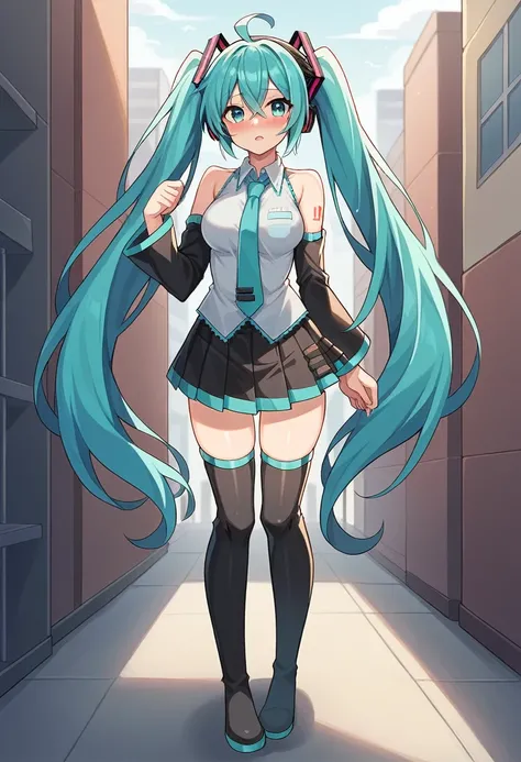 sexy pose, skirtlift hatsunemiku, miku hatsune, ahoge, aqua eyes, aqua hair, crossed bangs, hair between eyes, hair ornament, headphones, long hair, twintails, BREAK aqua necktie, black footwear, black skirt, black sleeves, boots, collared shirt, detached ...