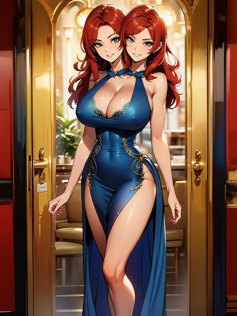 best quality, (masterpiece),(ultra-detailed), (high quality), (high resolution), ((2heads:1.5)), best quality:1.5, highres, UHD, 16K), two headed woman, smiling, highres, masterpiece, ((red hair)),, ((different hair color)),cleavage, ((blue dress:1.5)), lu...