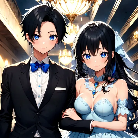 anime couple (Anime girl with long black hair and blue eyes Mystical version )y Anime boy with short black hair and blue eyes Mystical version