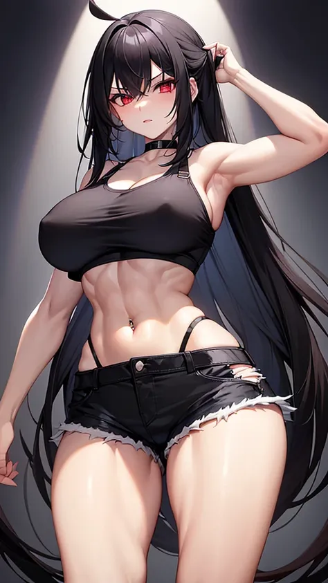 1 girl, muscular, black hair, red eyes, pale skin, solo, shoulder length hair, curvy, wide hips, thick thighs, very huge breasts, (black choker, black crop top and black jean booty shorts), sultry, navel piercing, midriff six pack abs
