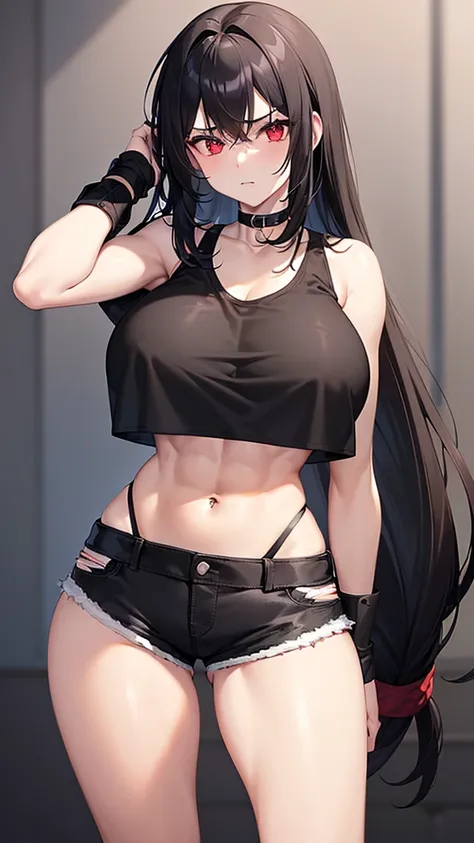 1 girl, muscular, black hair, red eyes, pale skin, solo, shoulder length hair, curvy, wide hips, thick thighs, very huge breasts, (black choker, black crop top and black jean booty shorts), sultry, navel piercing, midriff six pack abs
