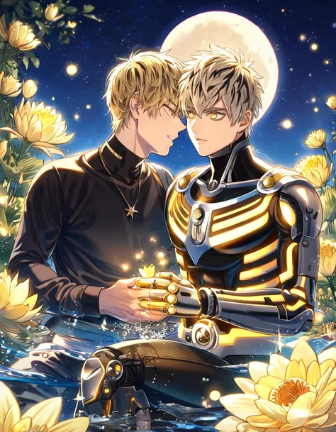 absurdres, highres, ultra detailed, HDR, master piece, best quality, extremely detailed, Saitama, expressive brown eyes, One Punch Man, Genos, ash-blond hair, expressive yellow eyes, two sexy men together, gay couple, yaoi, handsome, black clothes, fantasy...