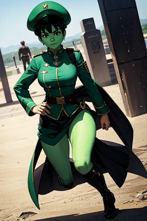 ultra detailed, masterpiece, best quality, solo, 
 d0tmatrix, green skin, dark green hair, black hair,  gallia_uniform, beret,