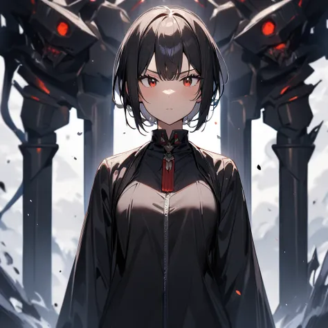 1 girl,upper body,black hair,stand,straight-on,red and blackeyes,masterpiece, best quality, very aesthetic, absurdres 