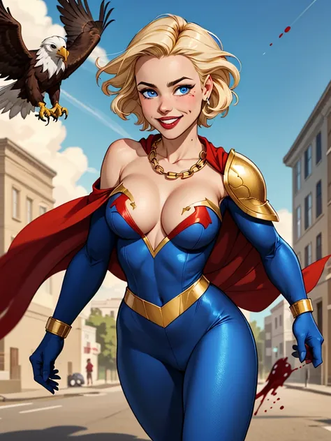 Young female, blonde with short hair, with big, bright blue eyes, wearing a blue costume, defined chest, wearing a golden shoulder pad in the shape of an eagle, with a golden chain running across his chest holding a red cape Smiling with blood splash on fa...