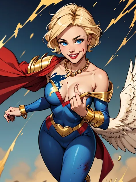 Young female, blonde with short hair, with big, bright blue eyes, wearing a blue costume, defined chest, wearing a golden shoulder pad in the shape of an eagle, with a golden chain running across his chest holding a red cape Smiling with blood splash on fa...