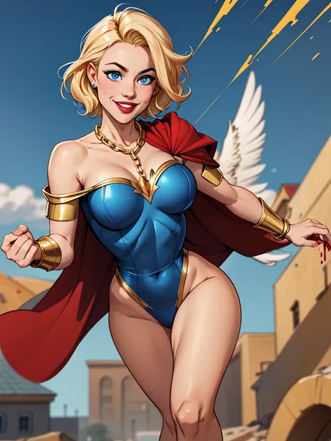 Young female, blonde with short hair, with big, bright blue eyes, wearing a blue costume, defined chest, wearing a golden shoulder pad in the shape of an eagle, with a golden chain running across his chest holding a red cape Smiling with blood splash on fa...