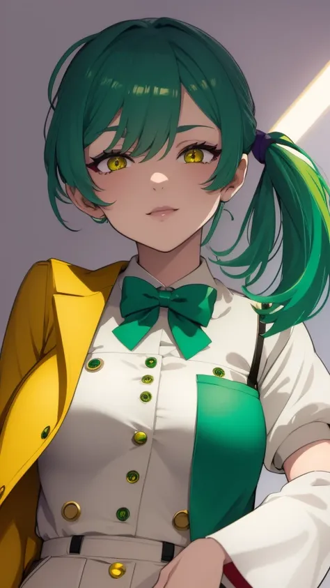 upper body,1girl,green hair,yellow eyes,low ponytail,white suit,green overalls,Purple bow tie,detailed face,mesugaki,hyper detailed,cinematic lighting,best quality,masterpiece,blue background