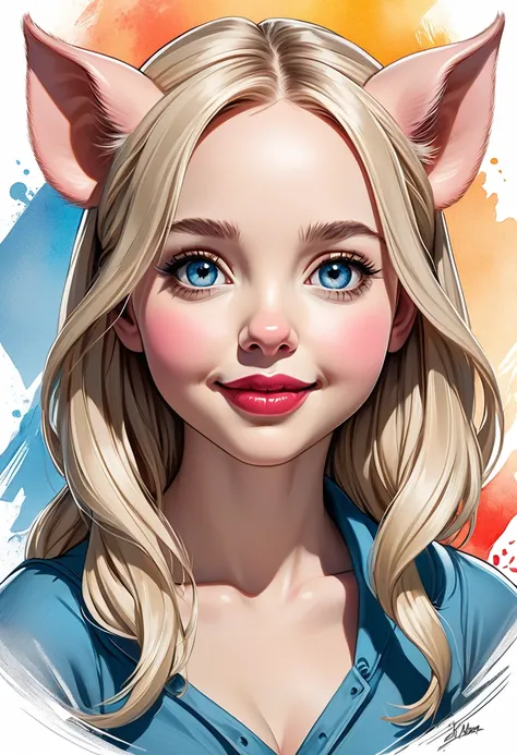 Create an illustrated, hand-drawn, full-color image of an anthropomorphic pig girl. The artwork should be rendered in the style of "Breath of the Wild," featuring warm lighting and shadows. Include graphite shading, stencil marks, and airbrushed acrylic pa...