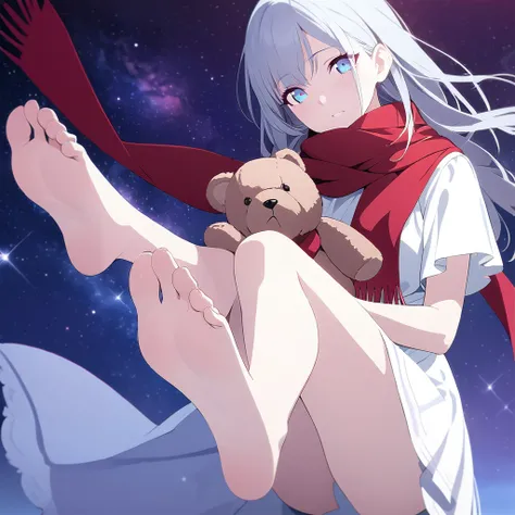 (((masterpiece))), (((best quality))),(((high detail))),light manipulation, girl with long silver hair, gradient purple to sky blue eyes, wearing a white dress, a red scarf, galaxy background, holding a teddy bear, feet, no footwear