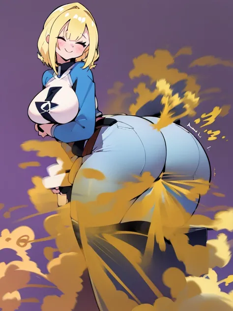 dog girl, blonde, motherly, comfy background, casual clothing, clothing, 1girl, simple flat background, bust, static pose, huge breasts, huge butt, warm smile, bbw, butt facing camera