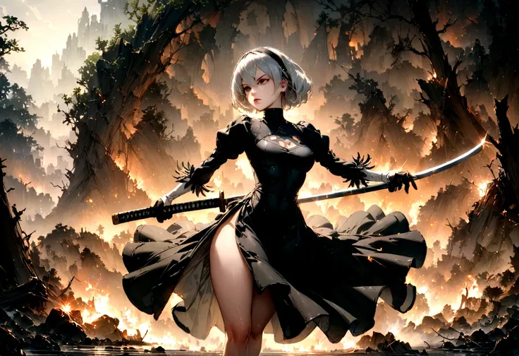 2b,(work of art), ultra detaild, fully body, soft hair, black gown, neckleace, action, battle pose, standing with legs open, kat...