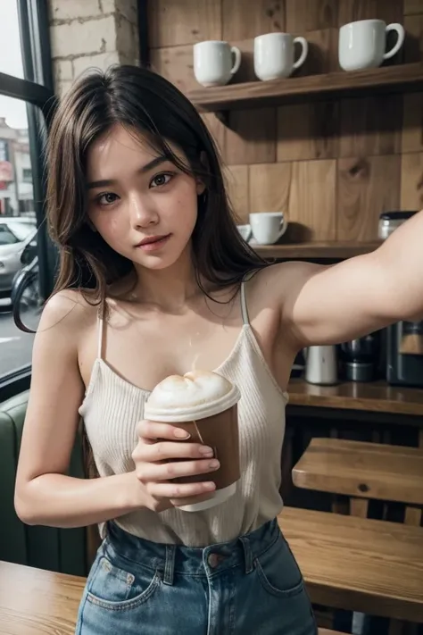 same model, taking a selfie, in a coffee shop