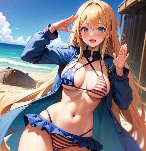 (perfect body),highest quality,(8K portrait),(official art)、:d、1 girl, focus only、(((blush))),(Sweat), (blonde haired),long hair, (blue eyes),AMERICAN FLAG Bikini, pokies , (standing salute, chest out)、(beach side)