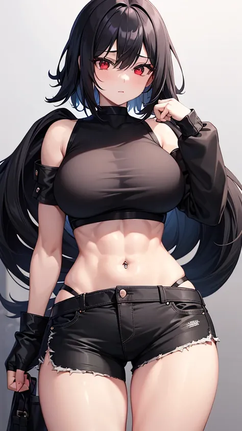 1 girl, muscular, black hair, red eyes, pale skin, solo, short shoulder length hair, curvy, wide hips, thick thighs, huge breasts, black choker, black crop top,  black jean booty shorts, sultry, navel piercing, midriff abs
