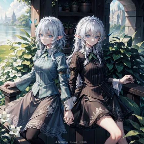 double，two，lace，butterfly，elf，double tail，interactive，holding hands，wing，elfwing，garden