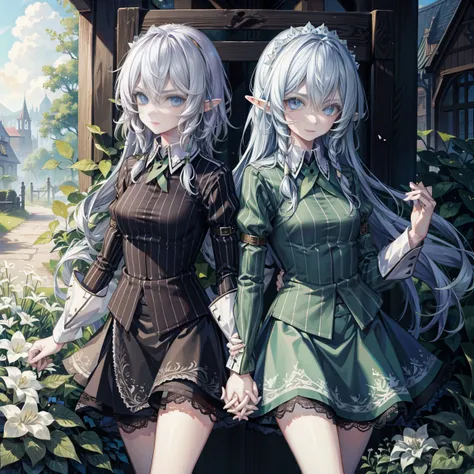 double，two，lace，butterfly，elf，double tail，interactive，holding hands，wing，elfwing，garden